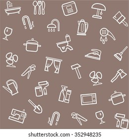 Household goods, home, background, seamless, gray-brown. Vector seamless brown background with linear icons of household goods. 