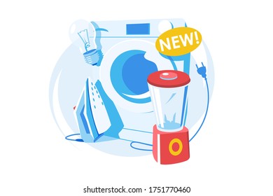 Household goods set vector illustration. Washing machine, iron, blender and lightbulb flat style design. Housing and housekeeping concept. Isolated on white background