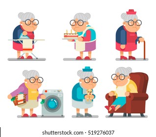 Household Granny Old Lady Character Cartoon Flat Vector Illustration