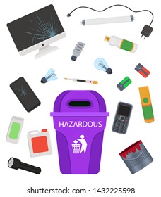 Household Hazardous Garbage. E-waste,    Toxic Trash. Cartoon Vector Illustration.