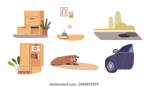 Household Hazards Relevant To Child Safety. Includes Open Drawers, An Electrical Socket, Dog, Medical Cabinet And Car