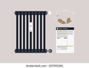 A household heating set, a radiator with thermostat regulator, a piggy bank with coins, a paper electricity bill