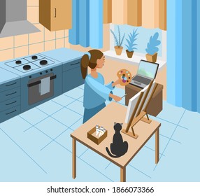 Household hobbies. Girl in the kitchen draws while looking at the computer online drawing lessons. Stay at home