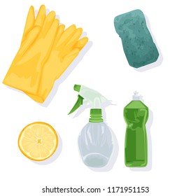 Household home objects collection. Hand drawing sketch vector illustration: gloves, sponge, detergent, spray, lemon