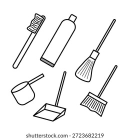 Household hygiene icon set featuring toothbrush, toothpaste, water dipper, broom, dustpan, and mop, isolated with a clean minimalist style, ideal for cleaning, bathroom, and daily routine visuals.