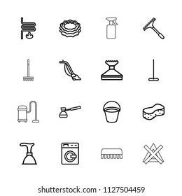 Household icon. collection of 16 household outline icons such as bucket, washing machine, plunger, window squeegee, mop, sponge. editable household icons for web and mobile.