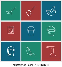 Household icon. collection of 9 household outline icons such as dustpan, bucket, plunger, mop, washing machine. editable household icons for web and mobile.