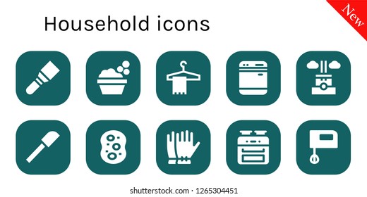  household icon set. 10 filled household icons. Simple modern icons about  - Spatula, Washbowl, Hanger, Dishwasher, Chimney, Sponge, Gloves, Oven, Mixer