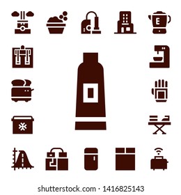 household icon set. 17 filled household icons.  Collection Of - Chimney, Machine, Toaster, Toothpaste, Fridge, Coffee machine, Glove, Iron, Parabola, Washbowl, Gloves, Vacuum