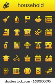 Household Icon Set. 26 Filled Household Icons. Included Plunger, Gloves, Detergent, Mixer, Sink, Oven, Coffee Machine, Blender, Tongs, Spray Bottle, Refrigerator, Extractor Hood Icons