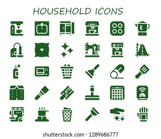  Household Icon Set. 30 Filled Household Icons. Simple Modern Icons About  - Coffee Machine, Sink, Wardrobe, Stove, Blender, Vacuum, Pillow, Clean, Sewing Machine, Parabola, Spray Bottle