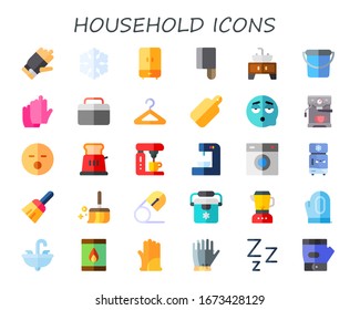 household icon set. 30 flat household icons. Included gloves, freezer, wardrobe, cleaver, sink, bucket, fridge, hanger, cutting board, sleep, coffee machine, toaster, washing machine icons