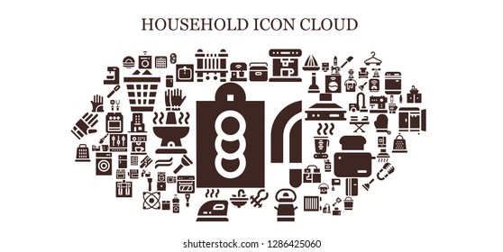  household icon set. 93 filled household icons. Simple modern icons about  - Cutting board, Mixer, Washing machine, Sewing machine, Portable fridge, Coffee machine, Tongs, Bucket