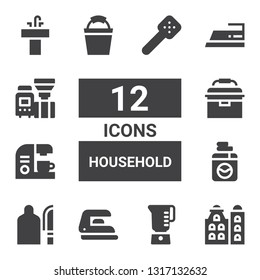household icon set. Collection of 12 filled household icons included Building, Blender, Iron, Cutting board, Washing machine, Coffee maker, Portable fridge, Bucket, Machine, Sink