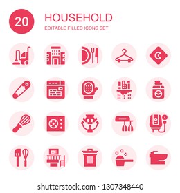 household icon set. Collection of 20 filled household icons included Vacuum, Building, Dish, Hanger, Pillow, Safety pin, Buildings, Glove, Washing machine, Mixer, Cooker, Machine