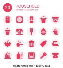 household icon set. Collection of 20 filled household icons included Fridge, Extractor, Coffee machine, Bucket, Sewing machine, Grater, Kitchen timer, Gloves, Sink, Detergent