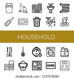 conjunto de iconos del hogar. Colección de Papelera, cepillo de inodoro, limpiador de vacío, microondas, edificio, rosca, tabla de planchar, raíl de toallas, doncella, cepillo de limpieza, refrigerador, cubo, iconos de calentador de agua