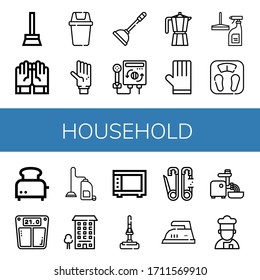 household icon set. Collection of Broom, Gloves, Bin, Glove, Plunger, Heater, Moka pot, Window cleaner, Bathroom scale, Toaster, Vacuum cleaner, Apartment, Microwave, Mop icons