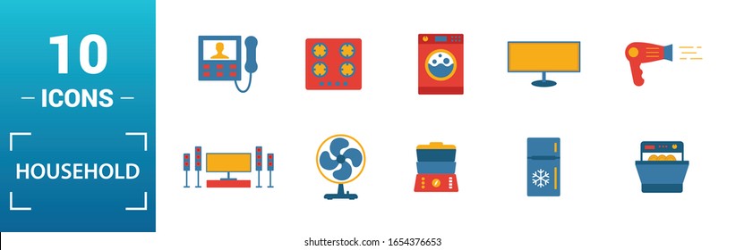 Household icon set. Include creative elements home fridge, electric hob, fan, dishwasher, double boiler icons. Can be used for report, presentation, diagram, web design.