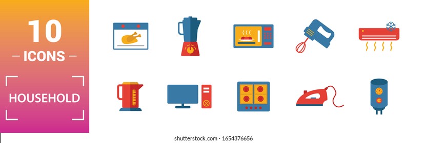 Household icon set. Include creative elements home fridge, electric hob, fan, double boiler icons. Can be used for report, presentation, diagram, web design.