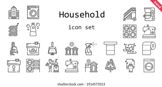 household icon set. line icon style. household related icons such as washing machine, cleaning, sponge, sewing machine, sink, vacuum cleaner, coffee maker, cabin, dustpan, house, detergent