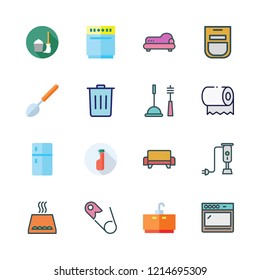 household icon set. vector set about safety pin, dishwasher, cleaning tools and mop icons set.