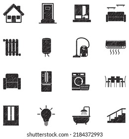 Iconos domésticos. Diseño de esgrima negra. Ilustración vectorial.