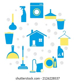 Household icons cleaning and washing house, wipe dust and vacuum floor, mop and wash dishes. Cleaning devices, blue appliances for home cleaning, cleanliness at home, illustration vector