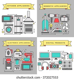 Household icons concept set of domestic appliances kitchen equipment and digital products square composition flat vector illustration