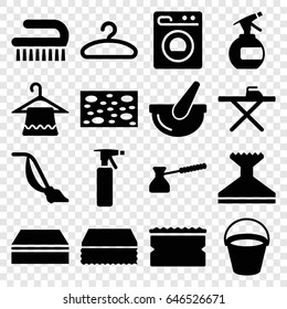 Household icons set. set of 16 household filled icons such as bucket, spray bottle, hanger, sponge, window squeegee, ironing table, vacuum cleaner, clean brush