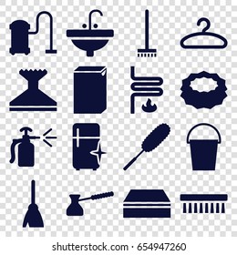 Household icons set. set of 16 household filled icons such as broom, sponge, window squeegee, washing machine, dust brush, vacuum cleaner, clean brush, clean fridge, sink