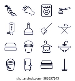 household icons set. Set of 16 household outline icons such as bucket, hanger, gloves, mop, dustpan, sponge, ironing table, vacuum cleaner, clean fridge, sink, washing machine