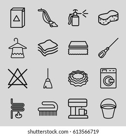 Household icons set. set of 16 household outline icons such as washing machine, bucket, hanger, broom, mop, sponge, vacuum cleaner, clean brush, no bleaching, spray bottle