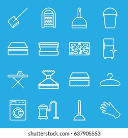 Household icons set. set of 16 household outline icons such as washing machine, gloves, plunger, dustpan, sponge, window squeegee, ironing table, vacuum cleaner, clean fridge