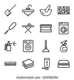 Household icons set. set of 16 household outline icons such as washing machine, spray bottle, plunger, dustpan, sponge, ironing table, dust brush, clean brush, sink, bucket