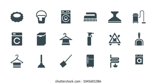 Household icons. set of 18 editable filled household icons: washing machine, spray bottle, hanger, dustpan, window squeegee, sponge, heating system, plunger, bucket