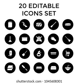 Household icons. set of 20 editable filled household icons such as gloves, plunger, dustpan, mop, sponge, washing machine. best quality household elements in trendy style.
