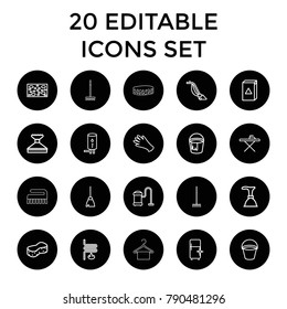Household icons. set of 20 editable outline household icons such as bucket, gloves, plunger, broom, sponge, window squeegee. best quality household elements in trendy style.