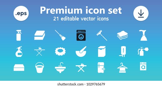 Household icons. set of 21 editable filled household icons includes bucket, spray bottle, hanger, plunger, sponge, ironing table, clean fridge, sink, geyser, washing machine