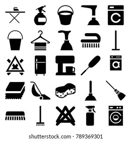 Household icons. set of 25 editable filled household icons such as bucket, washing machine, spray bottle, plunger, mop, broom, sponge, dust brush, clean brush, no bleaching
