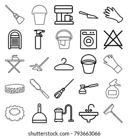 Household icons. set of 25 editable outline household icons such as bucket, spray bottle, gloves, dustpan, mop, sponge, vacuum cleaner, no bleaching, sink, hanger