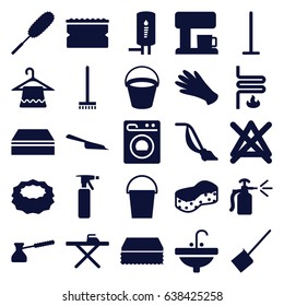 Household icons set. set of 25 household filled icons such as bucket, spray bottle, hanger, gloves, mop, dustpan, broom, sponge, ironing table, dust brush, vacuum cleaner