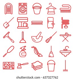 Household icons set. set of 25 household outline icons such as bucket, spray bottle, hanger, plunger, window squeegee, broom, dustpan, mop, sponge, ironing table