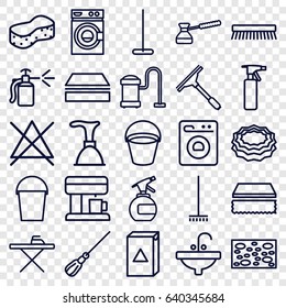 Household icons set. set of 25 household outline icons such as bucket, spray bottle, plunger, window squeegee, mop, broom, sponge, ironing table, washing machine