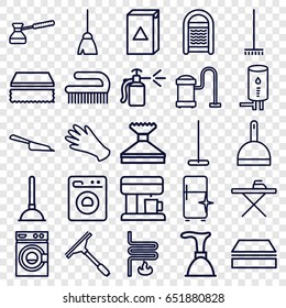 Household icons set. set of 25 household outline icons such as gloves, plunger, window squeegee, broom, mop, dustpan, sponge, ironing table, washing machine, vacuum cleaner