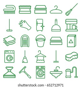 Household icons set. set of 25 household outline icons such as washing machine, bucket, hanger, gloves, window squeegee, broom, mop, dustpan, sponge, vacuum cleaner