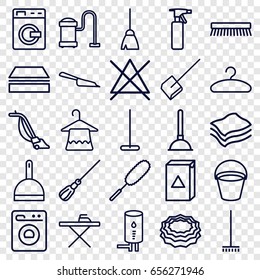 Household icons set. set of 25 household outline icons such as washing machine, bucket, spray bottle, hanger, plunger, broom, mop, dustpan, sponge, ironing table, dust brush