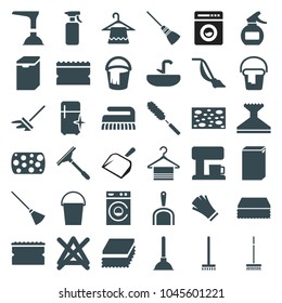 Household icons. set of 36 editable filled household icons such as hanger, window squeegee, broom, sponge, bucket, washing machine, vacuum cleaner, clean fridge, no bleaching