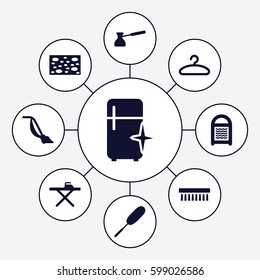 household icons set. Set of 9 household filled icons such as sponge, ironing table, dust brush, vacuum cleaner, clean brush, clean fridge, hanger