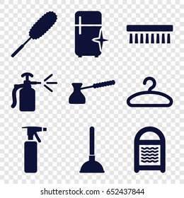 Household icons set. set of 9 household filled icons such as spray bottle, plunger, sponge, dust brush, clean brush, clean fridge, hanger